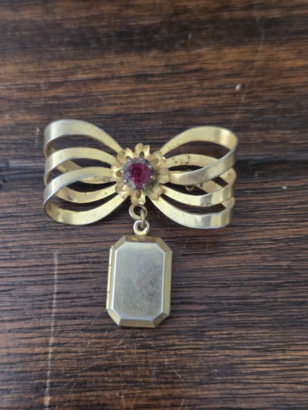 Gold Bow Brooch with Red Center and Locket Pendant